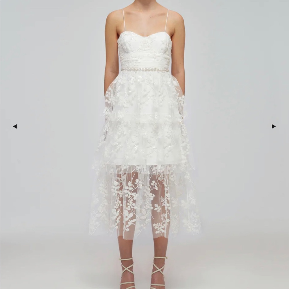 Self Portrait Ivory Blossom Sequin Tiered Midi Dress